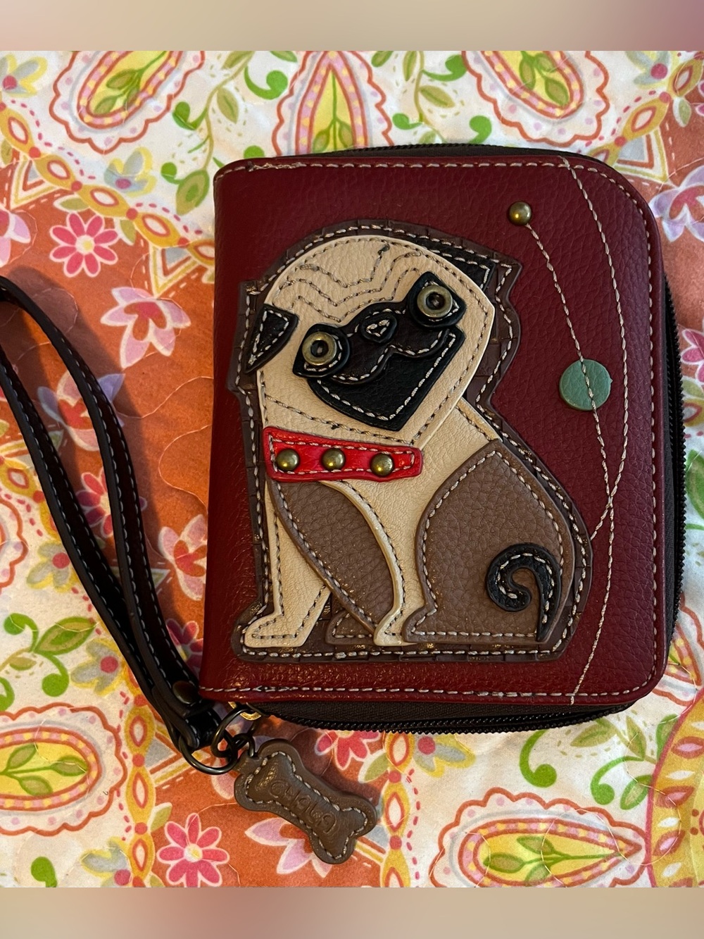 Chala Pug Zip Around Burgundy Wristlet Wallet